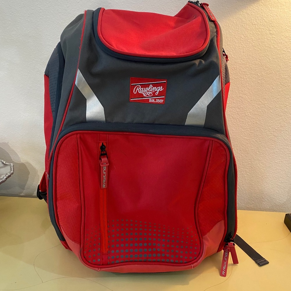 Rawlings Baseball Backpack.  Red/Gray.‎  Multiple Zippered Pockets.  Used.